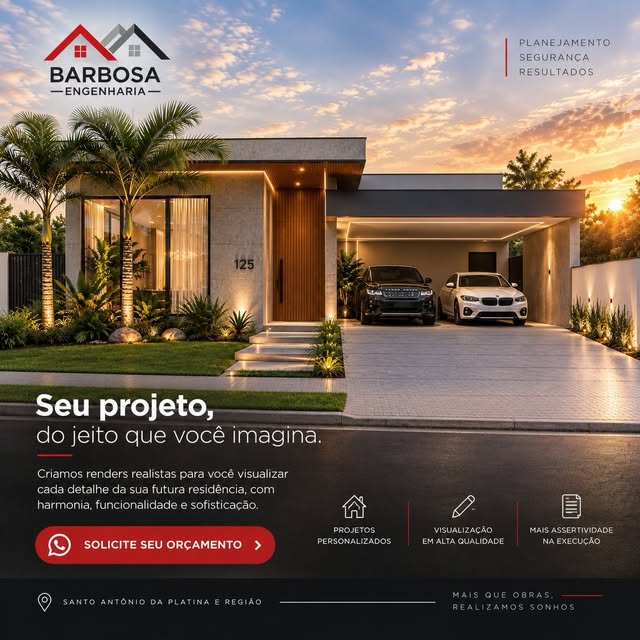 Publicação da Barbosa Engenharia com visualização de fachada residencial em concreto e madeira