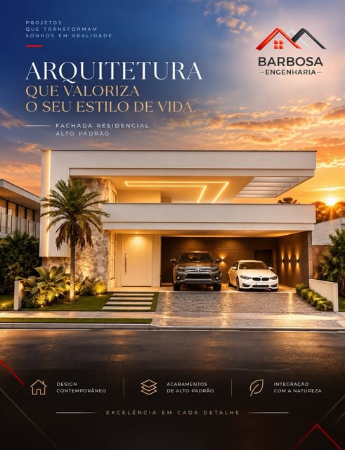 Publicação da empresa com fachada contemporânea iluminada ao pôr do sol