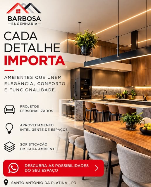 Publicação da empresa com cozinha integrada, madeira e iluminação em tons quentes